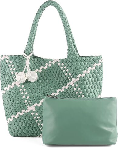 Hand Woven Tote Bag for Women,Faux Leather, Adjustable Crossbody Strap, Casual Beach Travel Handbag with Pouch in Saudi Arabia