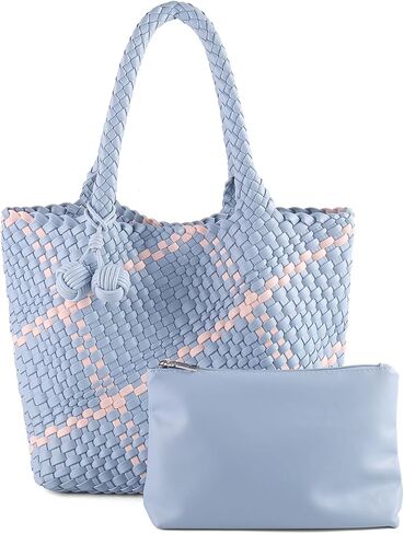 Hand Woven Tote Bag for Women,Faux Leather, Adjustable Crossbody Strap, Casual Beach Travel Handbag with Pouch in Saudi Arabia