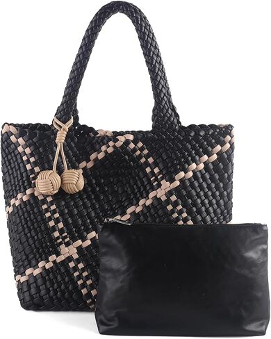Hand Woven Tote Bag for Women,Faux Leather, Adjustable Crossbody Strap, Casual Beach Travel Handbag with Pouch in Saudi Arabia