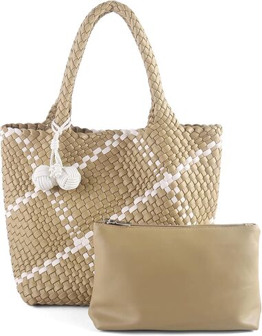 Hand Woven Tote Bag for Women,Faux Leather, Adjustable Crossbody Strap, Casual Beach Travel Handbag with Pouch in Saudi Arabia