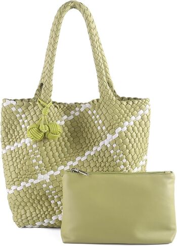 Hand Woven Tote Bag for Women,Faux Leather, Adjustable Crossbody Strap, Casual Beach Travel Handbag with Pouch in Saudi Arabia