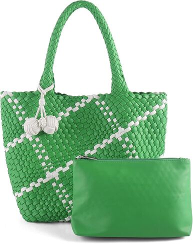 Hand Woven Tote Bag for Women,Faux Leather, Adjustable Crossbody Strap, Casual Beach Travel Handbag with Pouch in Saudi Arabia
