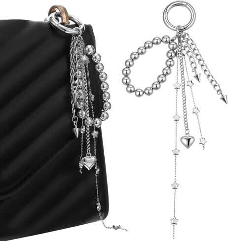 Silver Heart Keychain Bag Charms Silver Purse Charm Beaded Phone Charm Wrist Strap Star Keychain Tassel Keychains for Women Camera Wrist Strap Cute Bag Charms for Handbags Purse Accessories in Saudi Arabia