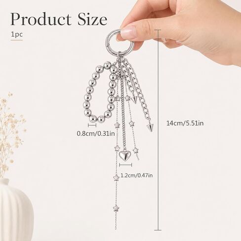 Silver Heart Keychain Bag Charms Silver Purse Charm Beaded Phone Charm Wrist Strap Star Keychain Tassel Keychains for Women Camera Wrist Strap Cute Bag Charms for Handbags Purse Accessories in Saudi Arabia