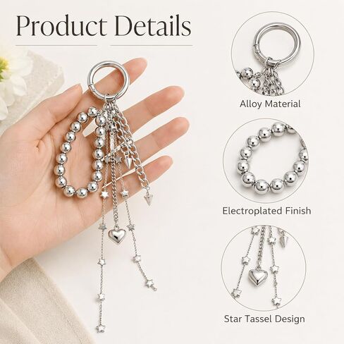 Silver Heart Keychain Bag Charms Silver Purse Charm Beaded Phone Charm Wrist Strap Star Keychain Tassel Keychains for Women Camera Wrist Strap Cute Bag Charms for Handbags Purse Accessories in Saudi Arabia