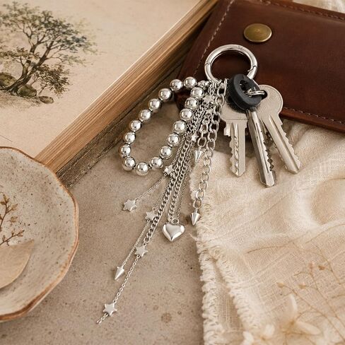 Silver Heart Keychain Bag Charms Silver Purse Charm Beaded Phone Charm Wrist Strap Star Keychain Tassel Keychains for Women Camera Wrist Strap Cute Bag Charms for Handbags Purse Accessories in Saudi Arabia
