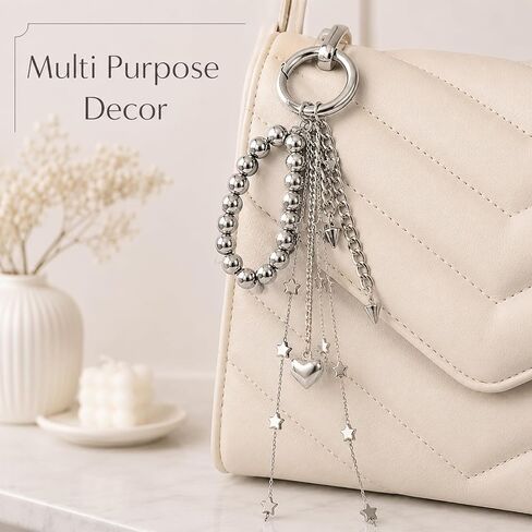 Silver Heart Keychain Bag Charms Silver Purse Charm Beaded Phone Charm Wrist Strap Star Keychain Tassel Keychains for Women Camera Wrist Strap Cute Bag Charms for Handbags Purse Accessories in Saudi Arabia