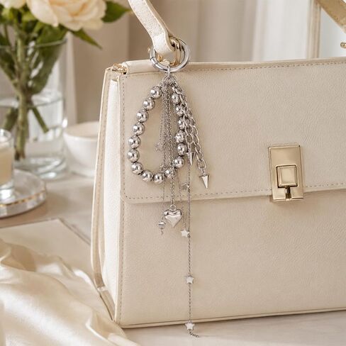 Silver Heart Keychain Bag Charms Silver Purse Charm Beaded Phone Charm Wrist Strap Star Keychain Tassel Keychains for Women Camera Wrist Strap Cute Bag Charms for Handbags Purse Accessories in Saudi Arabia