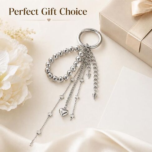 Silver Heart Keychain Bag Charms Silver Purse Charm Beaded Phone Charm Wrist Strap Star Keychain Tassel Keychains for Women Camera Wrist Strap Cute Bag Charms for Handbags Purse Accessories in Saudi Arabia