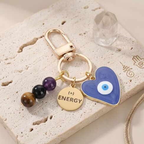 Evil Eye Crystal Keychain - Anxiety Relief Good Luck Beaded Key Chain Inspirational Healing Stone Bag Purse Charms for Handbag Accessories Natural Gemstone Keyring Women Birthday Gifts in Saudi Arabia