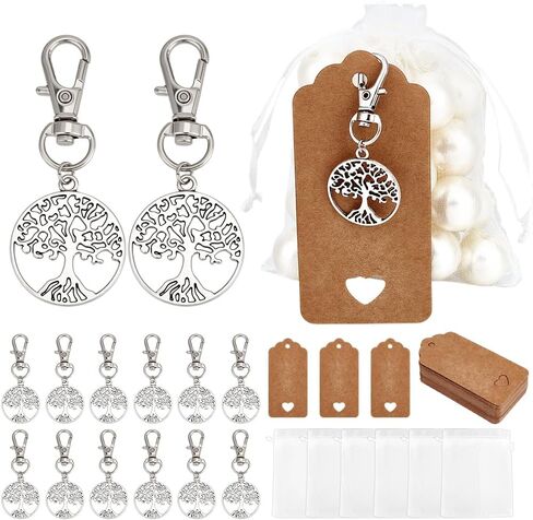 PH PandaHall 48 Sets Tree of Life Keychain Favors Party Favor Silver Tree Keyring with Organza Gift Bags Celebration of Life Favors Small Mesh Bag with Tags for Christmas Wedding Baptism Guest Return in Saudi Arabia