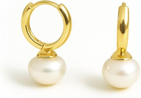 Altitude Boutique Freshwater Pearl Drop Earrings | 9–10mm AAA Cultured Pearls on 14K Gold-Plated or Rhodium-Plated Hoops | Classic Huggie Pearl Earrings for Women in Saudi Arabia
