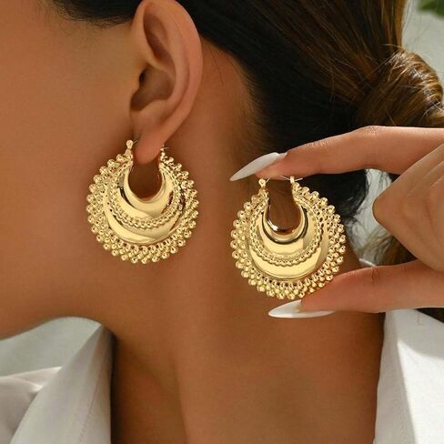 Gold Crescent Hoop Earrings for Women, Chunky Beaded Statement Open Hoops, Vintage Boho Textured Half Moon Fashion Jewelry Gift in Saudi Arabia