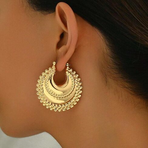 Gold Crescent Hoop Earrings for Women, Chunky Beaded Statement Open Hoops, Vintage Boho Textured Half Moon Fashion Jewelry Gift in Saudi Arabia