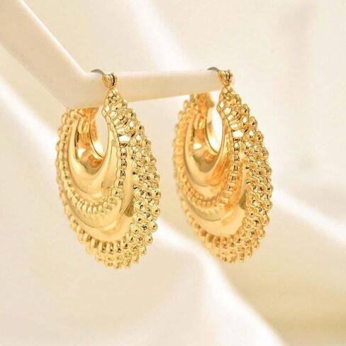 Gold Crescent Hoop Earrings for Women, Chunky Beaded Statement Open Hoops, Vintage Boho Textured Half Moon Fashion Jewelry Gift in Saudi Arabia