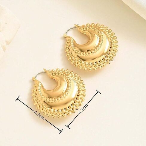 Gold Crescent Hoop Earrings for Women, Chunky Beaded Statement Open Hoops, Vintage Boho Textured Half Moon Fashion Jewelry Gift in Saudi Arabia