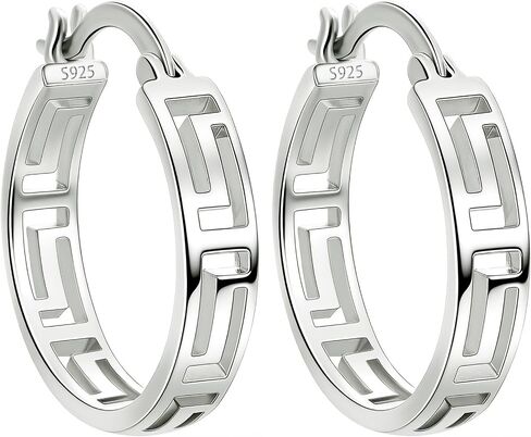925 Sterling Silver Greek Key Hoop Earrings for Women, Lightweight Hollow Geometric Cut-Out Design, Click-Top Closure in Saudi Arabia