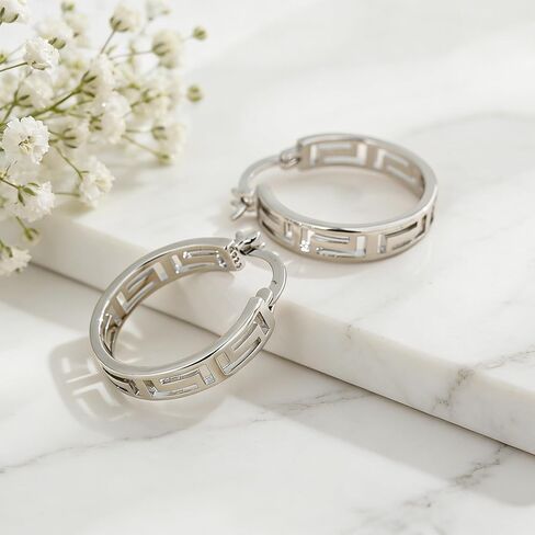 925 Sterling Silver Greek Key Hoop Earrings for Women, Lightweight Hollow Geometric Cut-Out Design, Click-Top Closure in Saudi Arabia