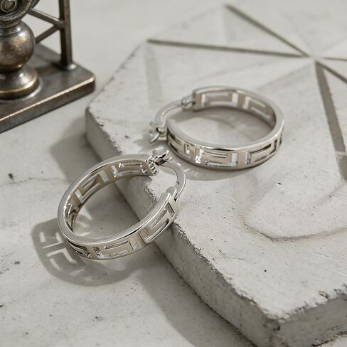 925 Sterling Silver Greek Key Hoop Earrings for Women, Lightweight Hollow Geometric Cut-Out Design, Click-Top Closure in Saudi Arabia