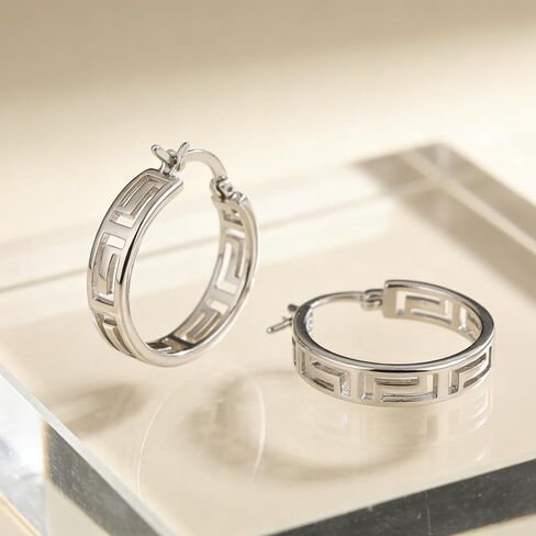 925 Sterling Silver Greek Key Hoop Earrings for Women, Lightweight Hollow Geometric Cut-Out Design, Click-Top Closure in Saudi Arabia