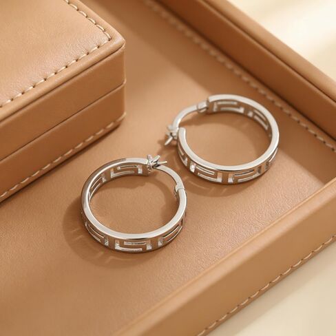 925 Sterling Silver Greek Key Hoop Earrings for Women, Lightweight Hollow Geometric Cut-Out Design, Click-Top Closure in Saudi Arabia