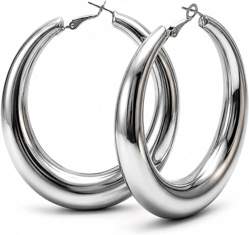 Chunky Silver Large Disco Hoop Earrings for Women, Statement Thick Round Tube Hoops,Polished Oversized Loop Jewelry, Y2K Fashion Accessories Gifts in Saudi Arabia