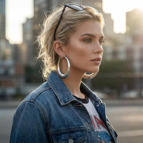 Chunky Silver Large Disco Hoop Earrings for Women, Statement Thick Round Tube Hoops,Polished Oversized Loop Jewelry, Y2K Fashion Accessories Gifts in Saudi Arabia