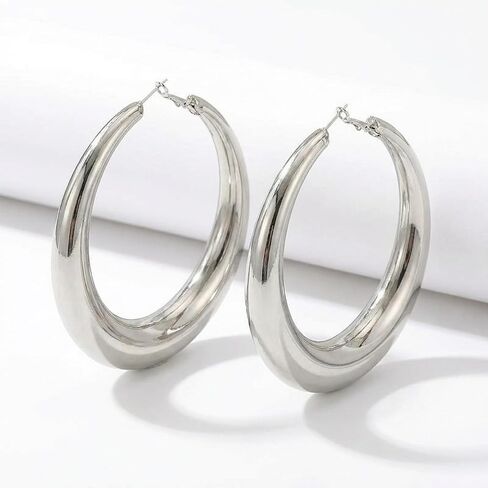 Chunky Silver Large Disco Hoop Earrings for Women, Statement Thick Round Tube Hoops,Polished Oversized Loop Jewelry, Y2K Fashion Accessories Gifts in Saudi Arabia