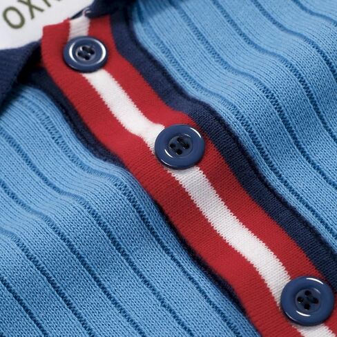 OXKNIT Men's Knit Short Sleeve Shirts 1960s Retro Stripes Knitted Polo Shirt Blue Cotton Polo Shirt with Quarter Button in Saudi Arabia