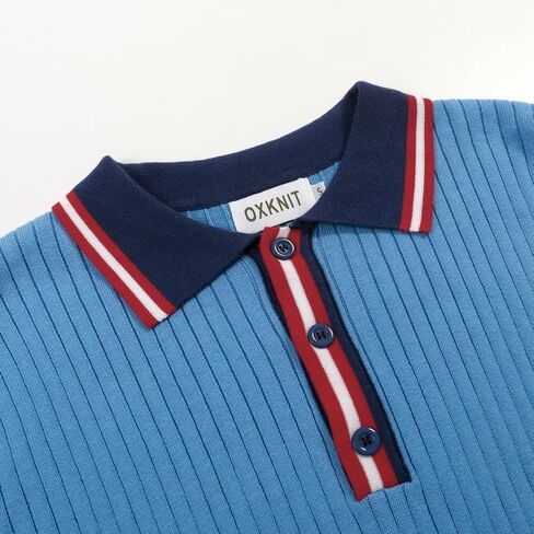 OXKNIT Men's Knit Short Sleeve Shirts 1960s Retro Stripes Knitted Polo Shirt Blue Cotton Polo Shirt with Quarter Button in Saudi Arabia