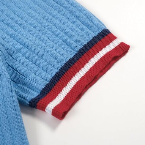 OXKNIT Men's Knit Short Sleeve Shirts 1960s Retro Stripes Knitted Polo Shirt Blue Cotton Polo Shirt with Quarter Button in Saudi Arabia