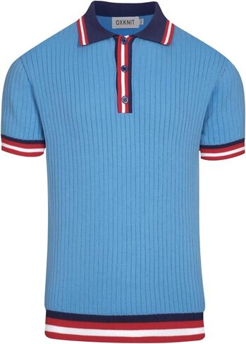 OXKNIT Men's Knit Short Sleeve Shirts 1960s Retro Stripes Knitted Polo Shirt Blue Cotton Polo Shirt with Quarter Button in Saudi Arabia