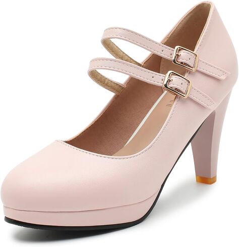 حذاء نسائي من Mary Jane Pumps ذو كعب سميك وحزام مزدوج | 2.75 بوصة، مقدمة دائرية، كعب عالٍ، تصميم كلاسيكي، سهولة تنسيق الملابس لحفلات الزفاف، والعمل، والحفلات والحفلات الراقصة in Kuwait