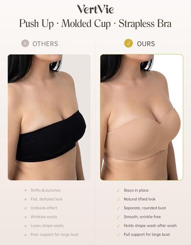 Vertvie Strapless Bra for Large Breast No Show Push Up Non-Slip Bandeau Bra | Invisible, Molded Cup, Full Support, Back Smoothing, Tube Top, Convertible Straps, Lift, Padded Bras, Full Coverage in Kuwait