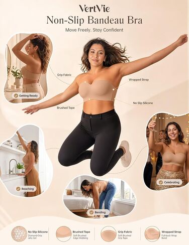 Vertvie Strapless Bra for Large Breast No Show Push Up Non-Slip Bandeau Bra | Invisible, Molded Cup, Full Support, Back Smoothing, Tube Top, Convertible Straps, Lift, Padded Bras, Full Coverage in Kuwait