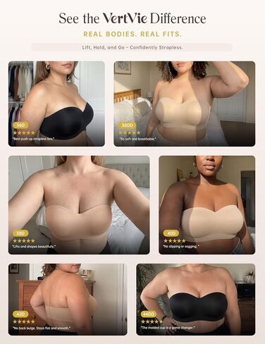 Vertvie Strapless Bra for Large Breast No Show Push Up Non-Slip Bandeau Bra | Invisible, Molded Cup, Full Support, Back Smoothing, Tube Top, Convertible Straps, Lift, Padded Bras, Full Coverage in Kuwait