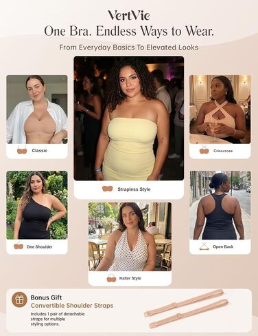 Vertvie Strapless Bra for Large Breast No Show Push Up Non-Slip Bandeau Bra | Invisible, Molded Cup, Full Support, Back Smoothing, Tube Top, Convertible Straps, Lift, Padded Bras, Full Coverage in Kuwait