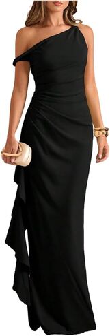 GORGLITTER Women's Ruched Off The Shoulder Ruffle Dress Asymmetrical Neck Evening Gown Wedding Party Prom Long Dresses in Saudi Arabia
