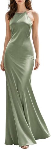 SUNSTORY Satin Backless Maxi Dress, Black Halter Neck Sleeveless Bodycon Mermaid Formal Wedding Guest Cocktail Gown in Saudi Arabia