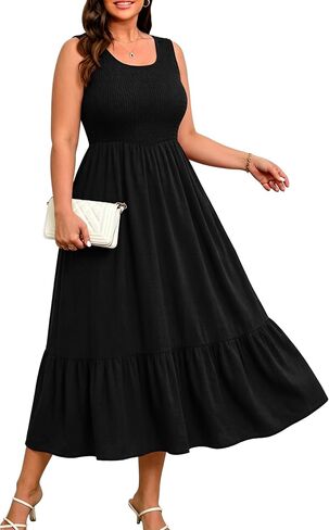 RWJ Plus Size Summer Dresses for Curvy Women Maxi V Neck Sleeveless Casual Flowy Floral Beach Sundress with Pockets in Saudi Arabia