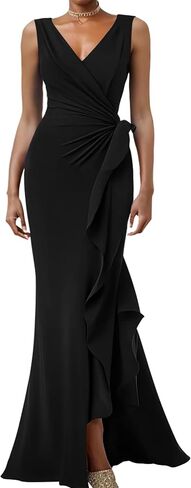 Women's Elegant Sleeveless V Neck Bodycon Ruched Split Wrap Wedding Evening Formal Long Dress in Saudi Arabia