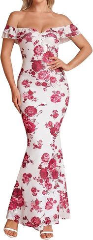 URYIAO Women's Floral Wedding Guest Bodycon Maxi Dress Summer Off Shoulder Ruffle Elegant Formal Cocktail Long Dresses 2026 in Saudi Arabia