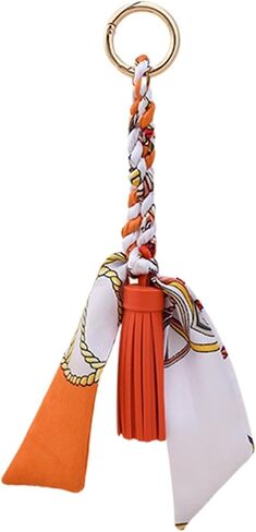 Fashion Leather Tassel Keychain with Silk Scarf Ribbon Bow, Orange Bag Charm Car Key Ring Pendant，8.67 * 2.75 Inch in Saudi Arabia