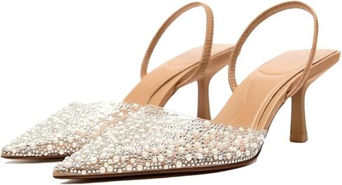 MRKEWUNEY Fashion Rhinestone Clear Slingback Pumps Shoes for Women Pointed Toe PVC Kitten Heels in Kuwait