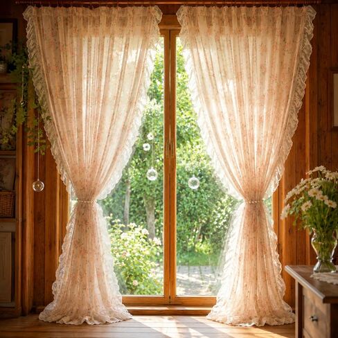 Tranqun Lace Ruffle Floral Sheer Curtains with Pearl Tiebacks Vintage Lace Curtains Romantic Privacy Light Filtering Ruffled Drapes Rod Pocket for Living Room Bedroom Farmhouse, 2 Panels(52" W X 84"L) in Saudi Arabia