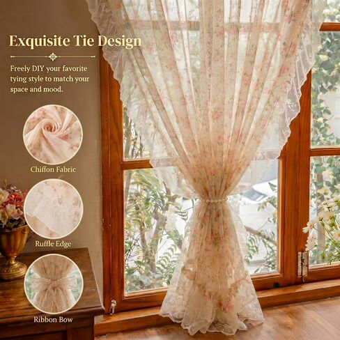 Tranqun Lace Ruffle Floral Sheer Curtains with Pearl Tiebacks Vintage Lace Curtains Romantic Privacy Light Filtering Ruffled Drapes Rod Pocket for Living Room Bedroom Farmhouse, 2 Panels(52" W X 84"L) in Saudi Arabia