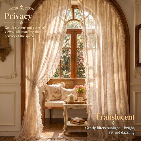 Tranqun Lace Ruffle Floral Sheer Curtains with Pearl Tiebacks Vintage Lace Curtains Romantic Privacy Light Filtering Ruffled Drapes Rod Pocket for Living Room Bedroom Farmhouse, 2 Panels(52" W X 84"L) in Saudi Arabia