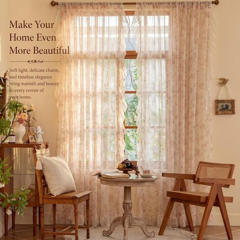 Tranqun Lace Ruffle Floral Sheer Curtains with Pearl Tiebacks Vintage Lace Curtains Romantic Privacy Light Filtering Ruffled Drapes Rod Pocket for Living Room Bedroom Farmhouse, 2 Panels(52" W X 84"L) in Saudi Arabia
