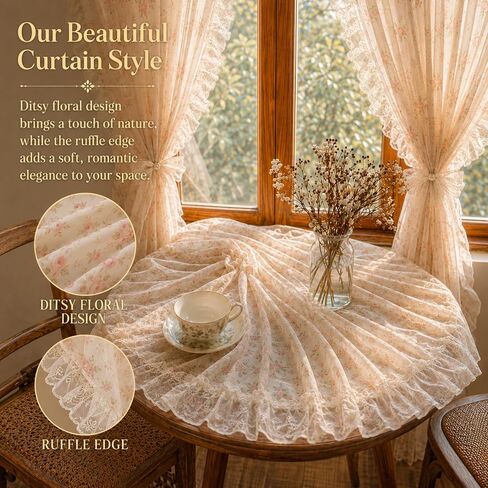 Tranqun Lace Ruffle Floral Sheer Curtains with Pearl Tiebacks Vintage Lace Curtains Romantic Privacy Light Filtering Ruffled Drapes Rod Pocket for Living Room Bedroom Farmhouse, 2 Panels(52" W X 84"L) in Saudi Arabia