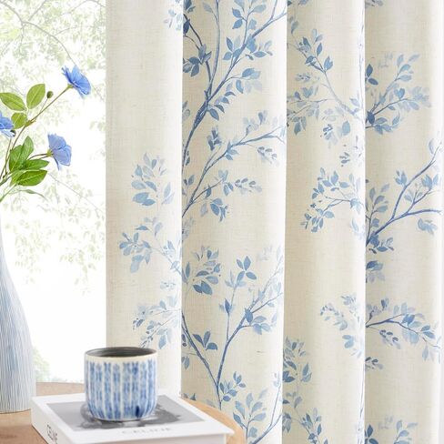 Amzdecor Blue Floral Full Blackout Curtains for Living Room Bedroom Linen Blend Botanical Leaf Print Thermal Insulated Drapes with Liner Back Tab Rod Pocket Farmhouse Window Treatment,2 Panels,40"x84" in Saudi Arabia